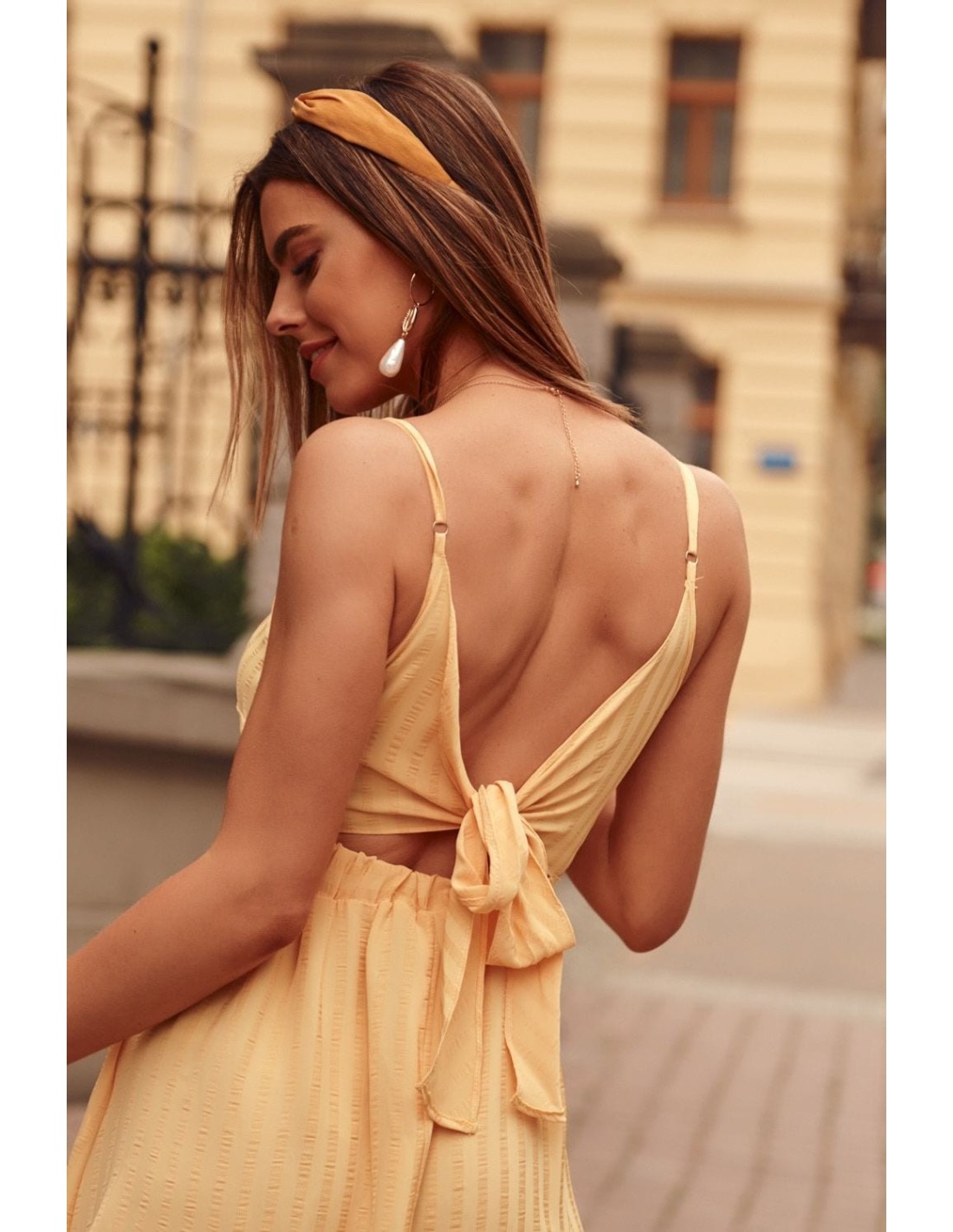 Striped dress tied at the back, yellow PR3202 - Online store - Boutique